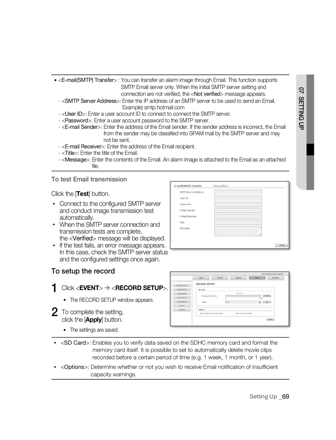 Samsung SNC-B5395P manual To setup the record, Click Event  Record Setup 