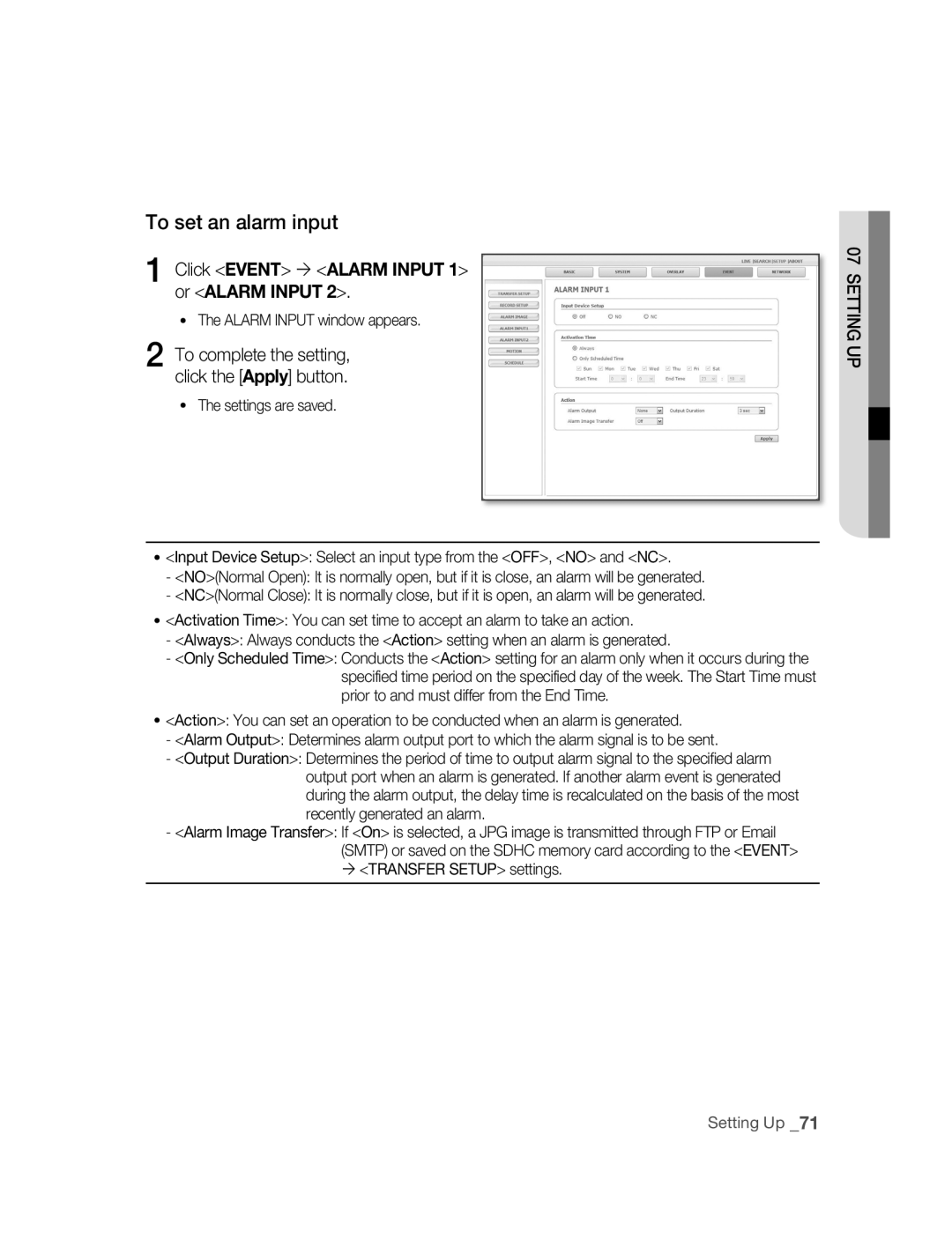 Samsung SNC-B5395P manual To set an alarm input, Click Event  Alarm Input 1 or Alarm Input,  Transfer Setup settings 