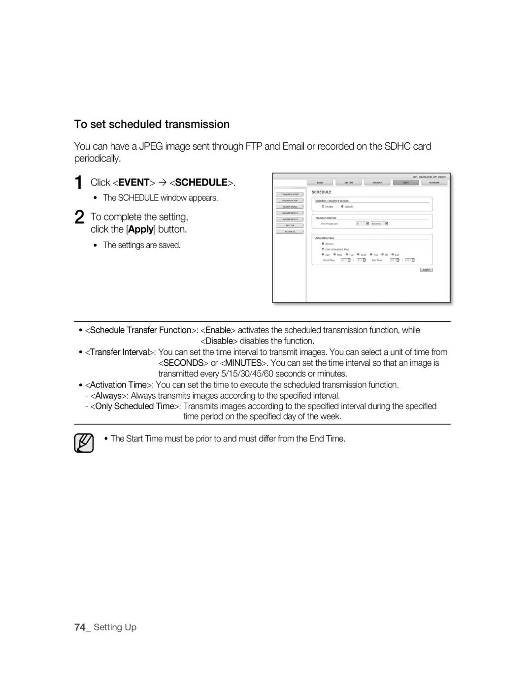 Samsung SNC-B5395P manual To set scheduled transmission, Click Event  Schedule 