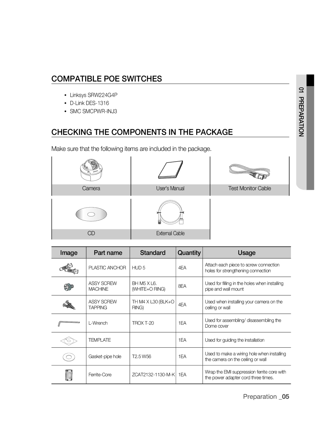 Samsung SNC-B5395P manual COMPATIBlE POE SWITChES, ChECKING ThE Components in ThE Package 