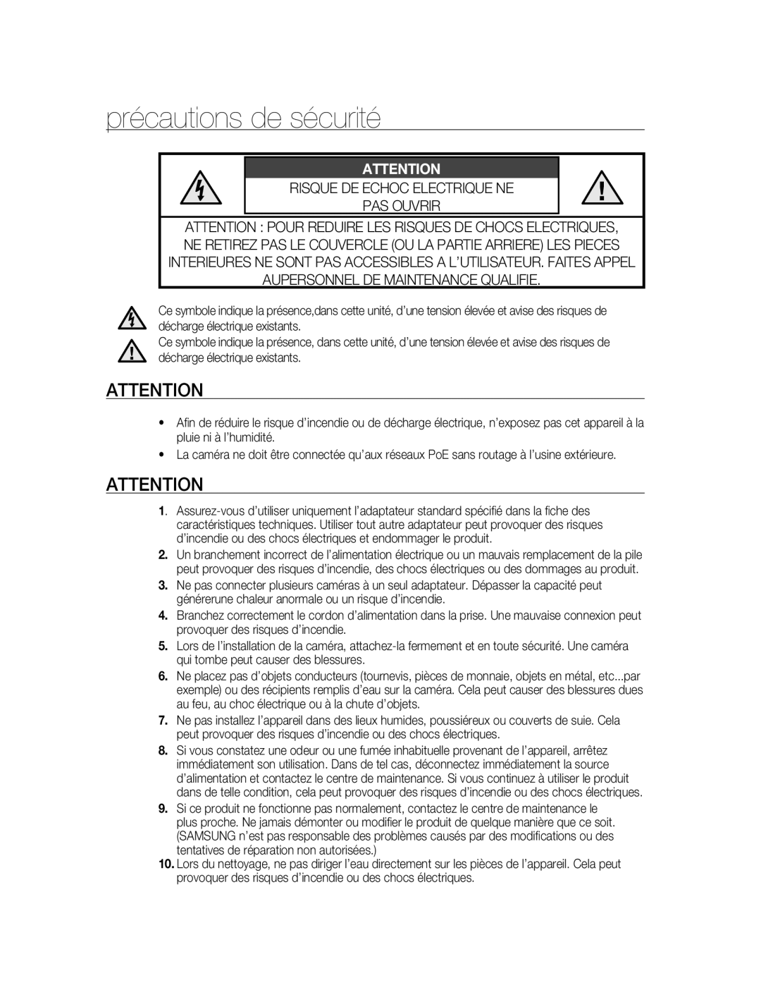 Samsung SNC-B5395P manual Précautions de sécurité 