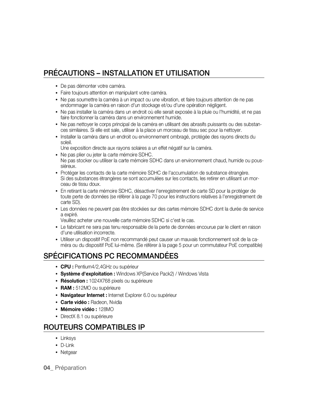 Samsung SNC-B5395P manual Précautions Installation ET Utilisation, Spécifications PC Recommandées, Routeurs Compatibles IP 