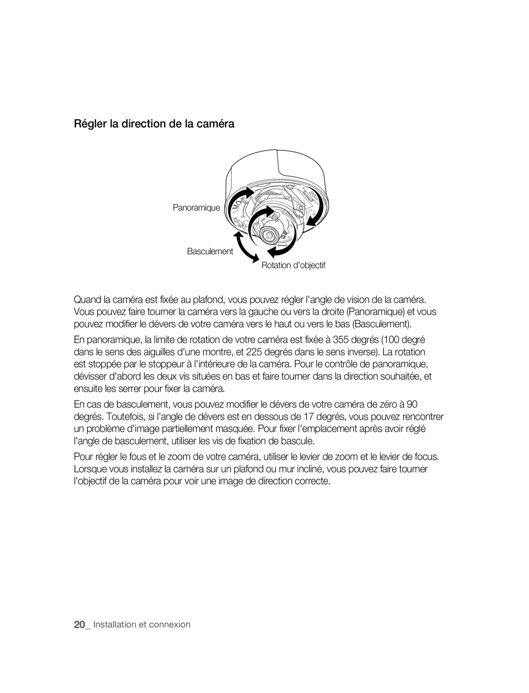 Samsung SNC-B5395P manual Régler la direction de la caméra, Panoramique Basculement Rotation dobjectif 