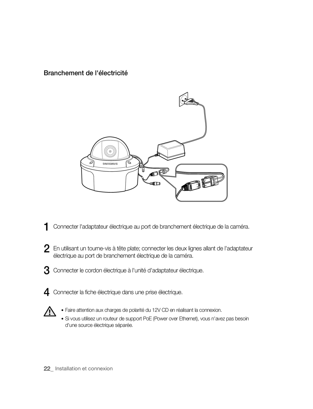 Samsung SNC-B5395P manual Branchement de lélectricité 