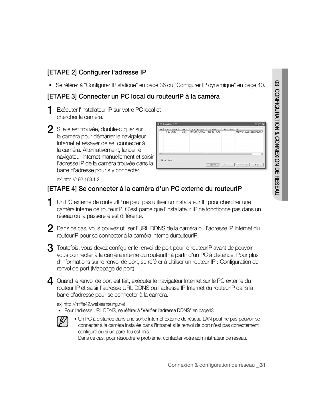Samsung SNC-B5395P manual Etape 2 Configurer ladresse IP, Etape 3 Connecter un PC local du routeurIP à la caméra 
