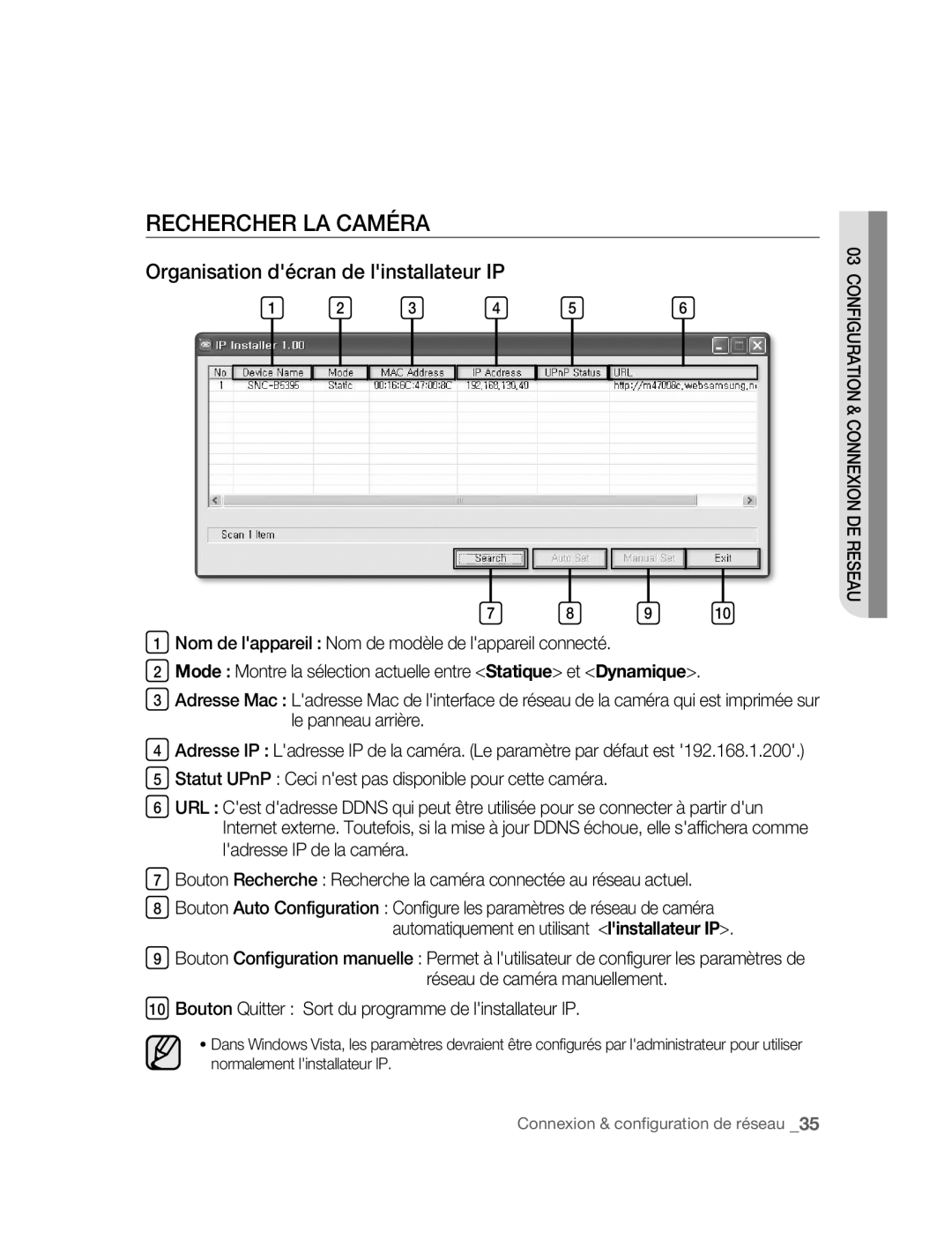 Samsung SNC-B5395P manual Rechercher LA Caméra, Organisation décran de linstallateur IP 