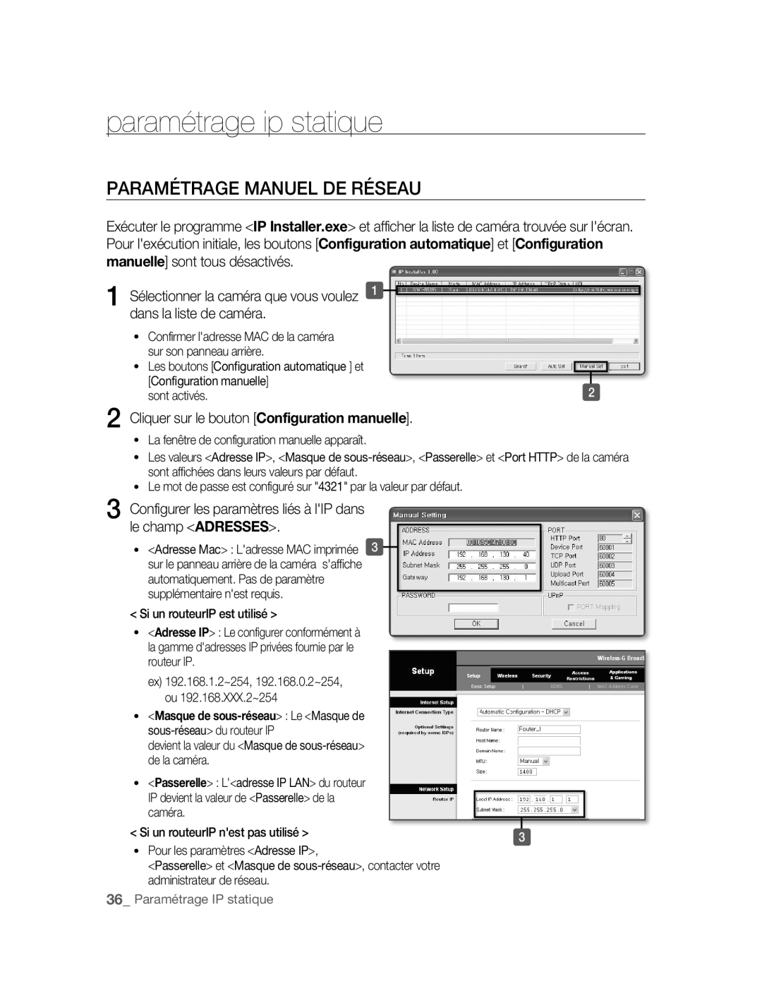 Samsung SNC-B5395P manual Paramétrage ip statique, Paramétrage Manuel DE Réseau, Dans la liste de caméra 