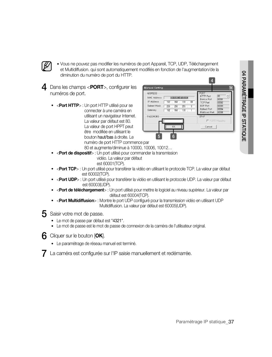 Samsung SNC-B5395P manual Dans les champs PORT, configurer les numéros de port, Saisir votre mot de passe 