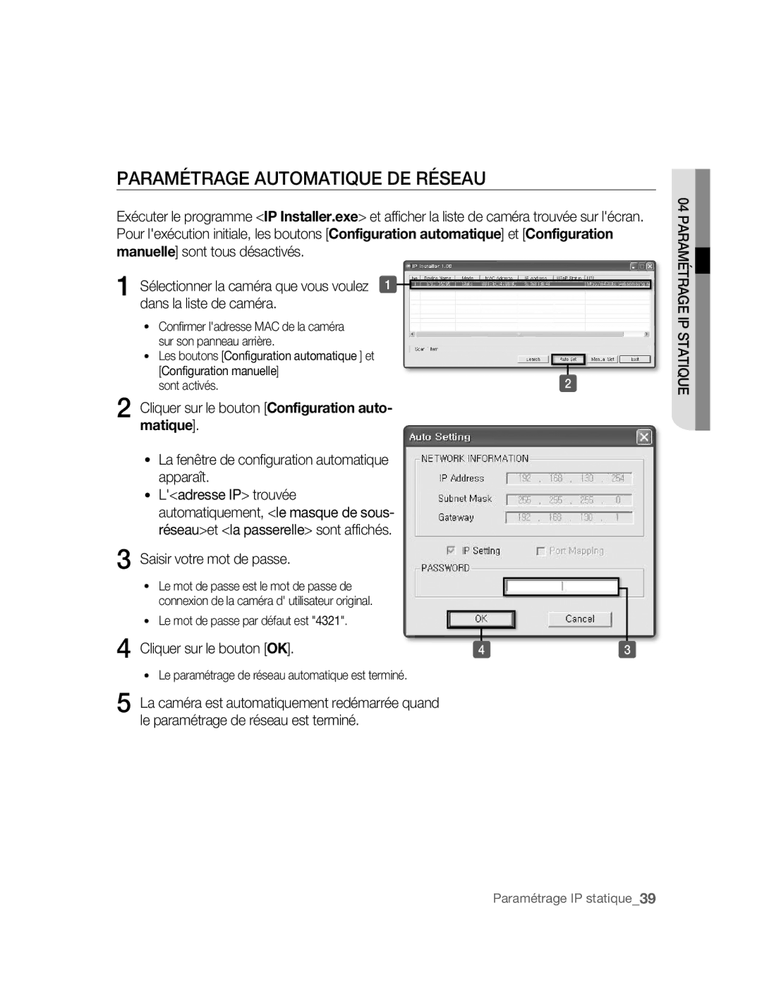 Samsung SNC-B5395P manual Paramétrage Automatique DE Réseau, Cliquer sur le bouton OK, Le paramétrage de réseau est terminé 