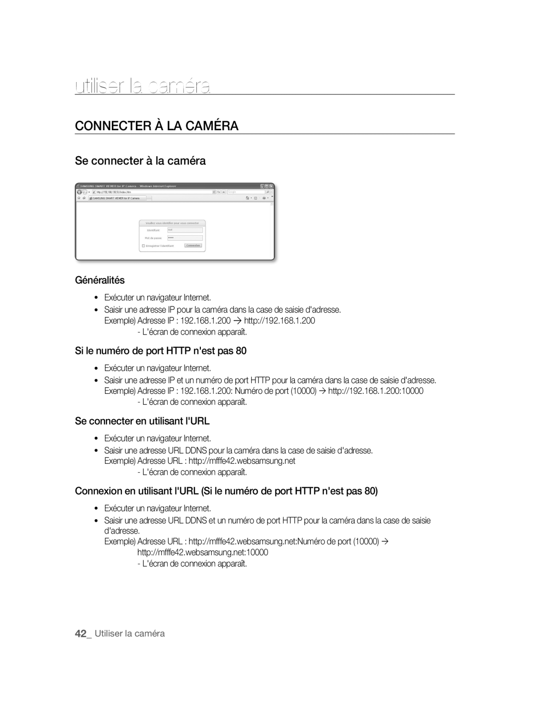 Samsung SNC-B5395P manual Utiliser la caméra, Connecter À LA Caméra, Se connecter à la caméra 