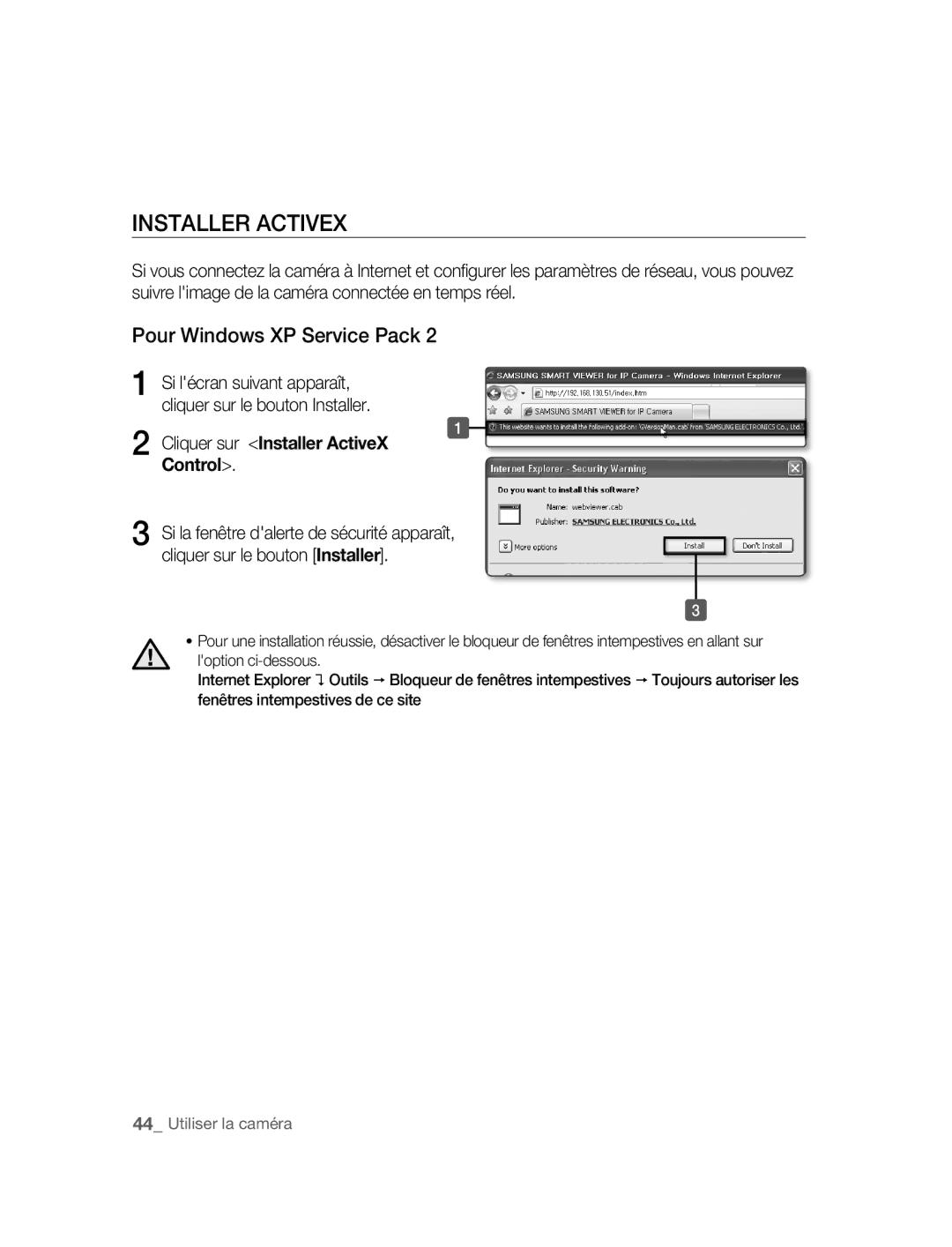 Samsung SNC-B5395P manual Installer Activex, Pour Windows XP Service Pack, Cliquer sur Installer ActiveX Control 