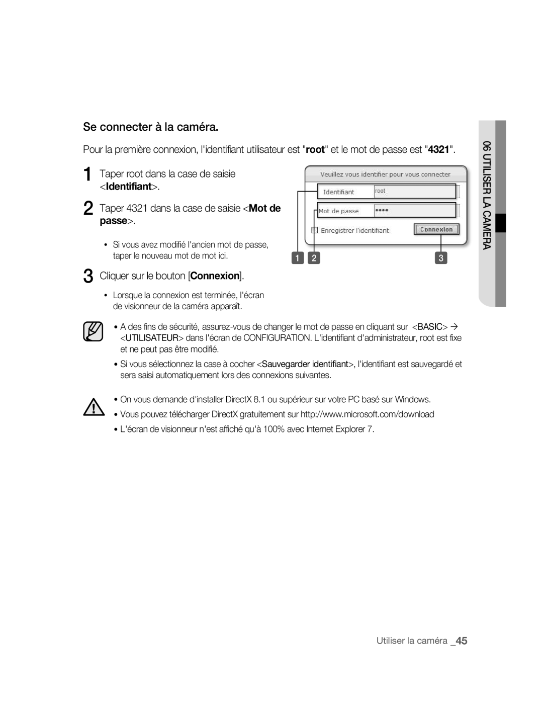 Samsung SNC-B5395P manual Cliquer sur le bouton Connexion, Si vous avez modifié lancien mot de passe 