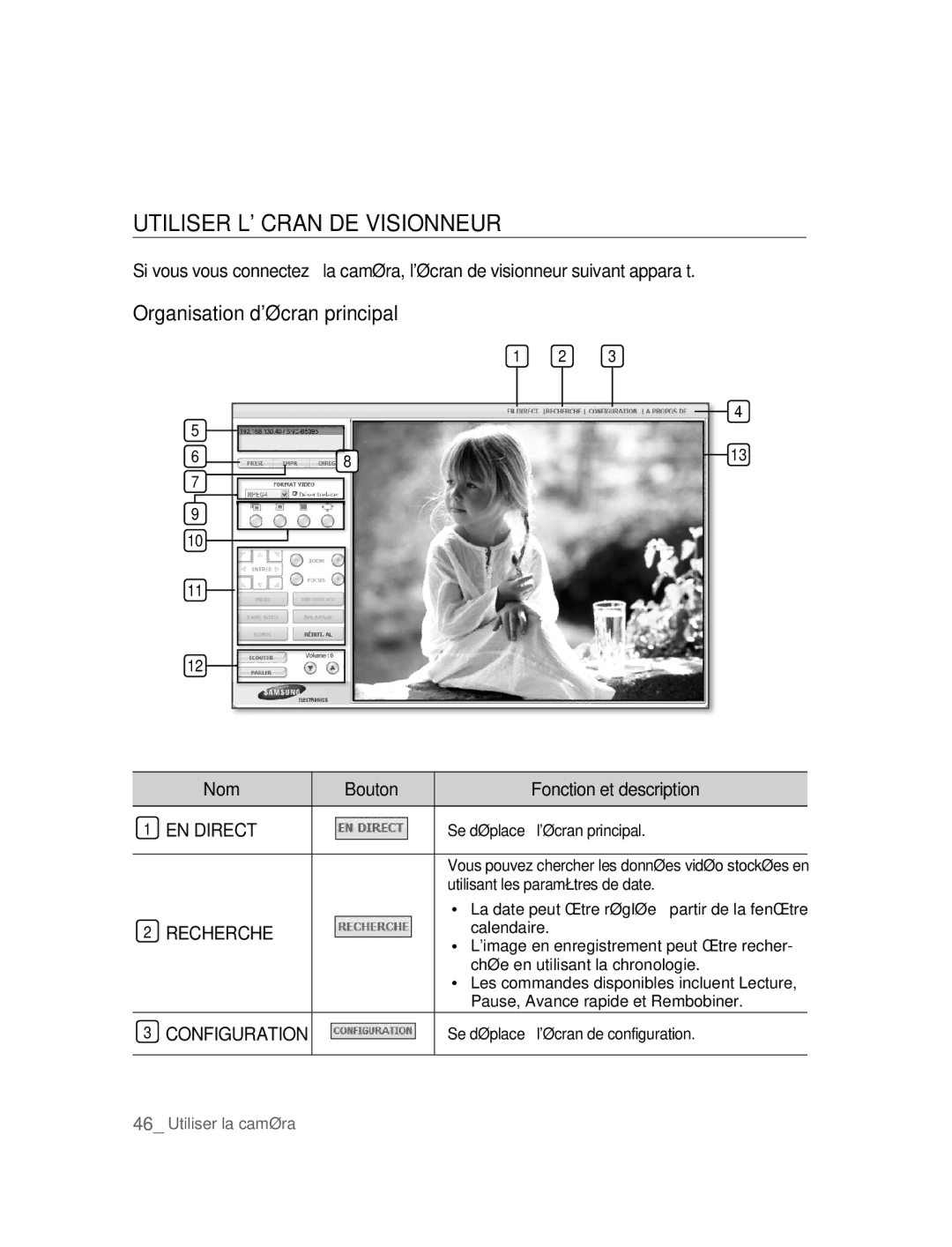 Samsung SNC-B5395P manual Utiliser Lécran DE Visionneur, Organisation décran principal, EN Direct, Recherche, Configuration 