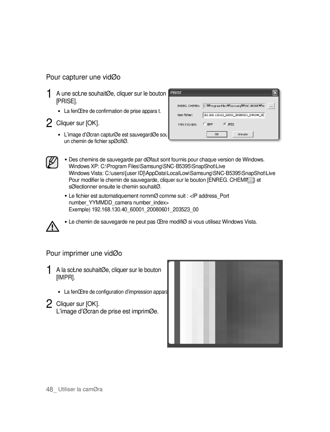 Samsung SNC-B5395P manual Pour capturer une vidéo, Pour imprimer une vidéo 