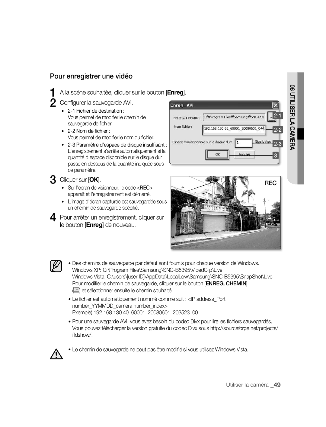 Samsung SNC-B5395P manual Pour enregistrer une vidéo, Fichier de destination 