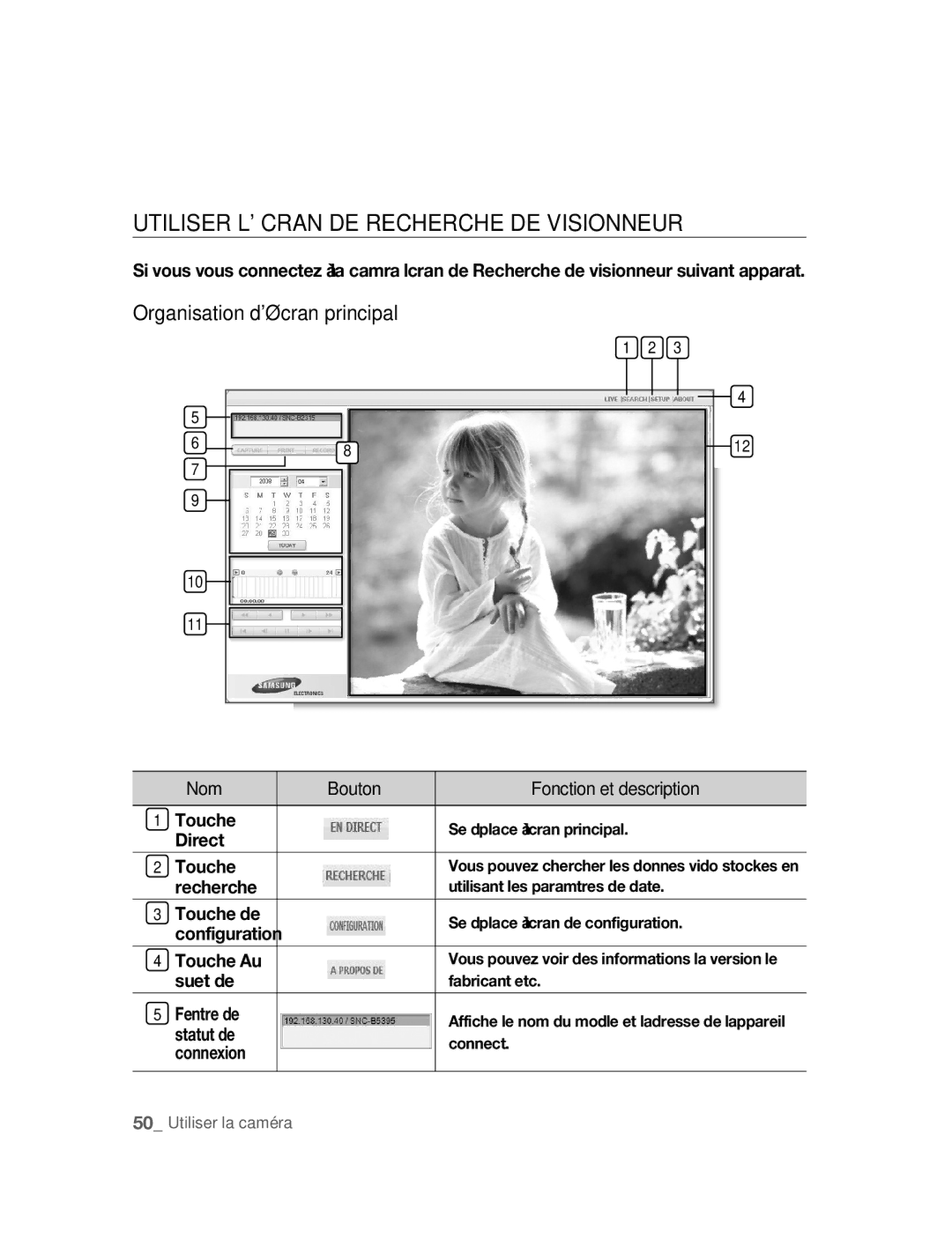 Samsung SNC-B5395P manual Utiliser Lécran DE Recherche DE Visionneur 