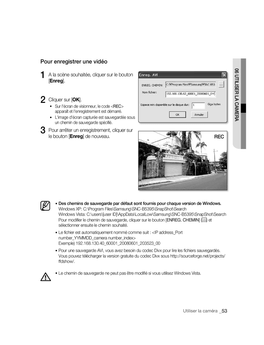 Samsung SNC-B5395P manual Pour enregistrer une vidéo 