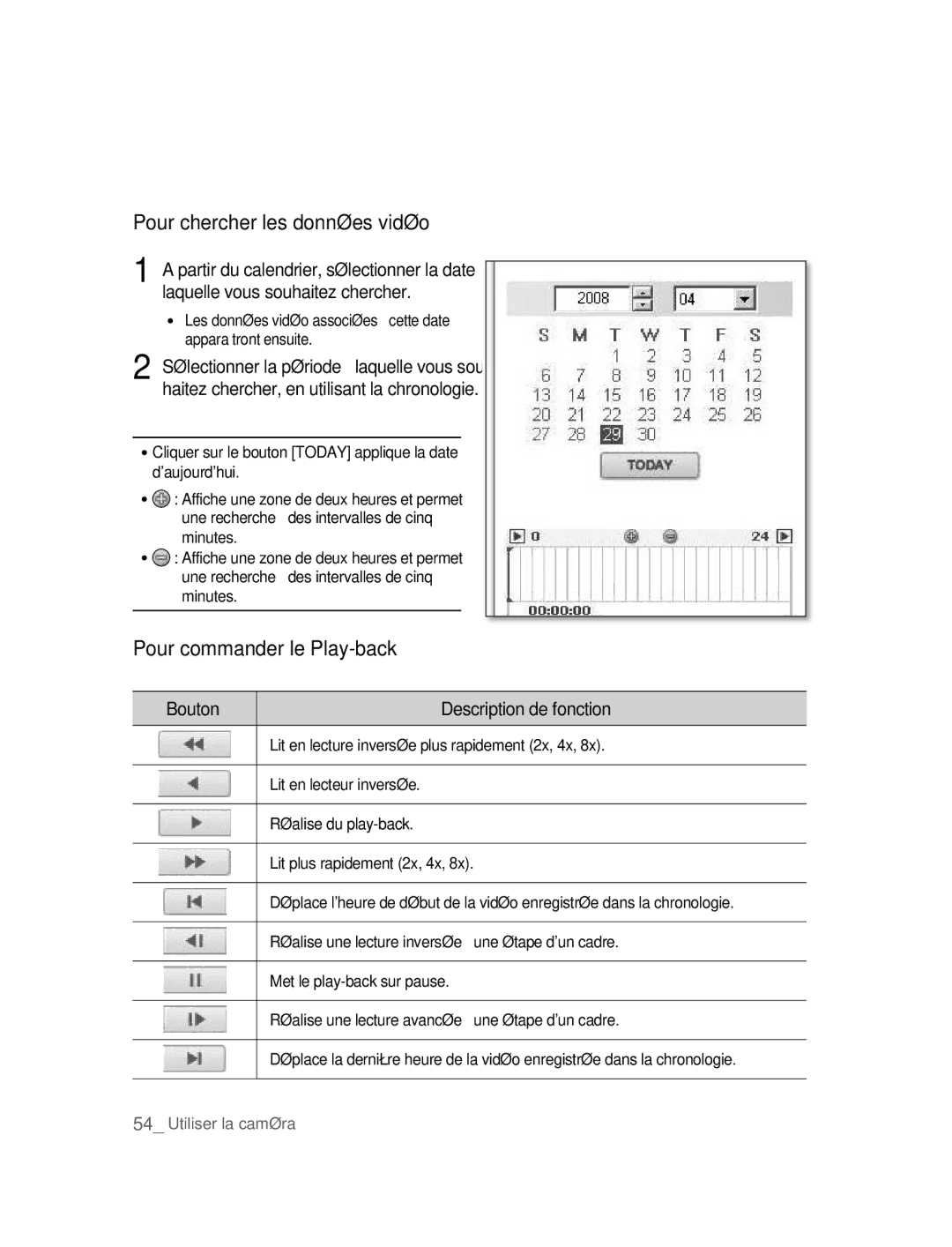 Samsung SNC-B5395P manual Pour chercher les données vidéo, Pour commander le Play-back, Description de fonction 