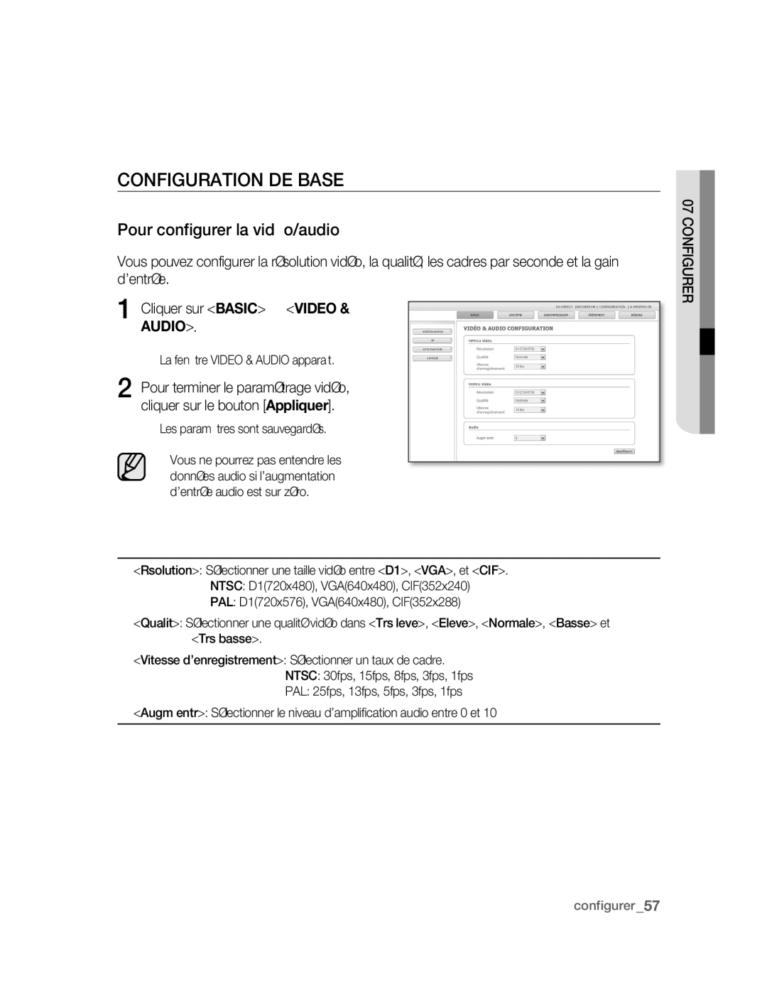 Samsung SNC-B5395P manual Configuration DE Base, Pour configurer la vidéo/audio 