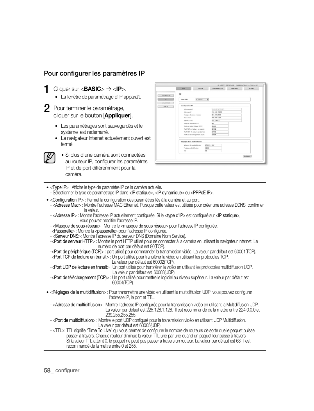 Samsung SNC-B5395P manual Pour configurer les paramètres IP, Cliquer sur Basic ´ IP, Vous pouvez modifier ladresse IP 