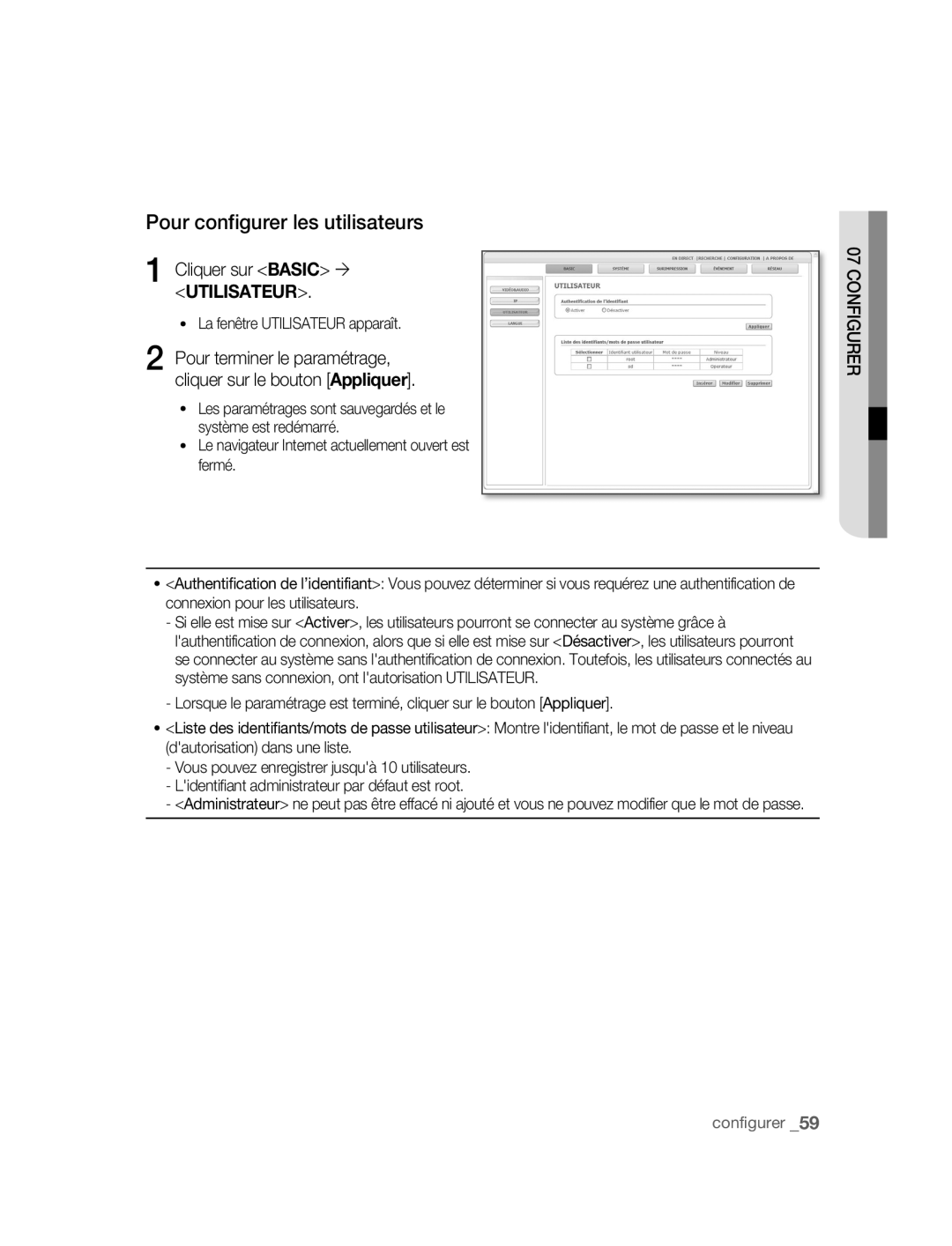 Samsung SNC-B5395P manual Pour configurer les utilisateurs, Cliquer sur Basic ´ Utilisateur 