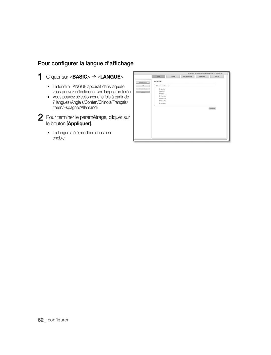 Samsung SNC-B5395P manual Pour configurer la langue daffichage, Cliquer sur Basic ´ Langue 