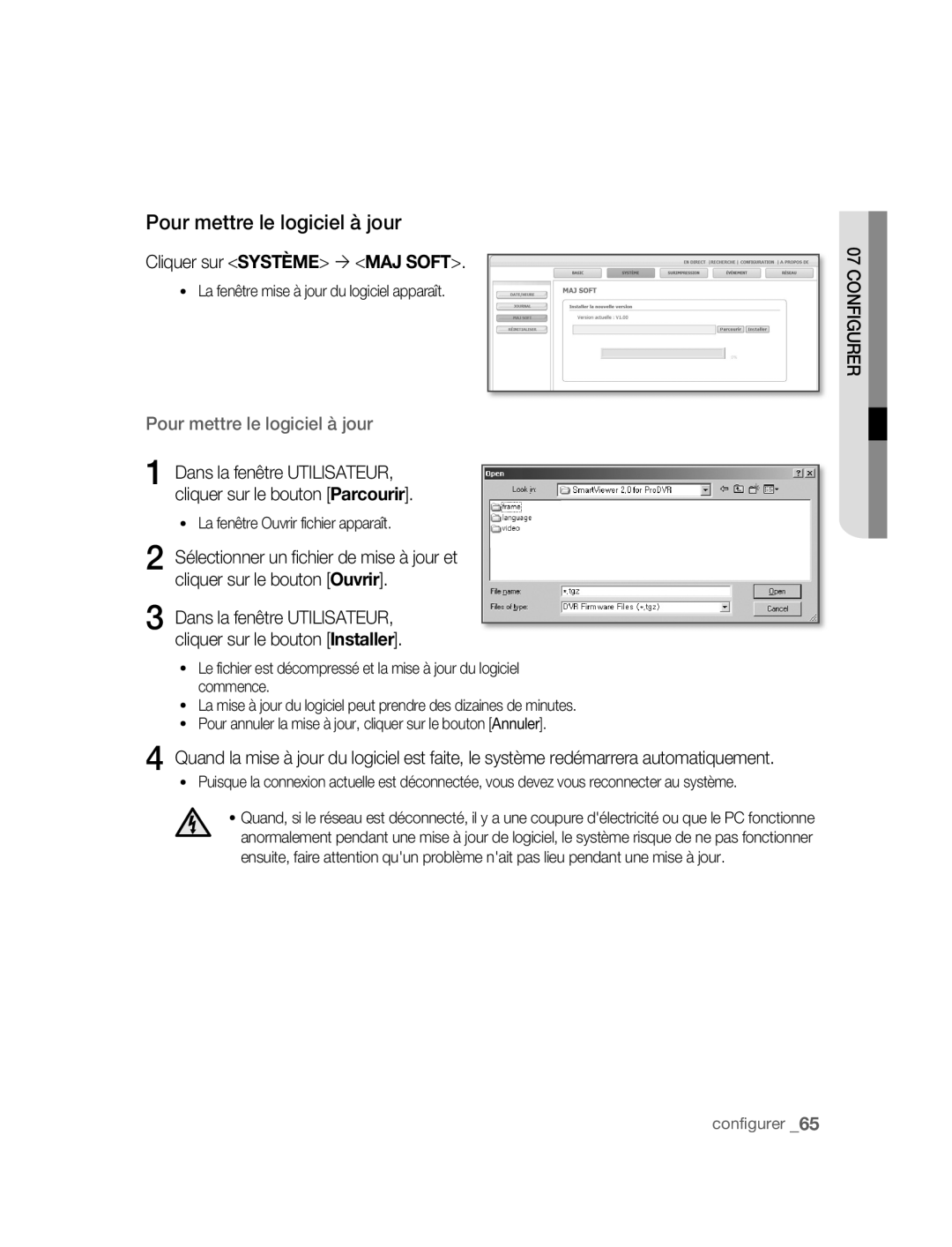 Samsung SNC-B5395P manual Pour mettre le logiciel à jour, Cliquer sur Système ´ MAJ Soft 