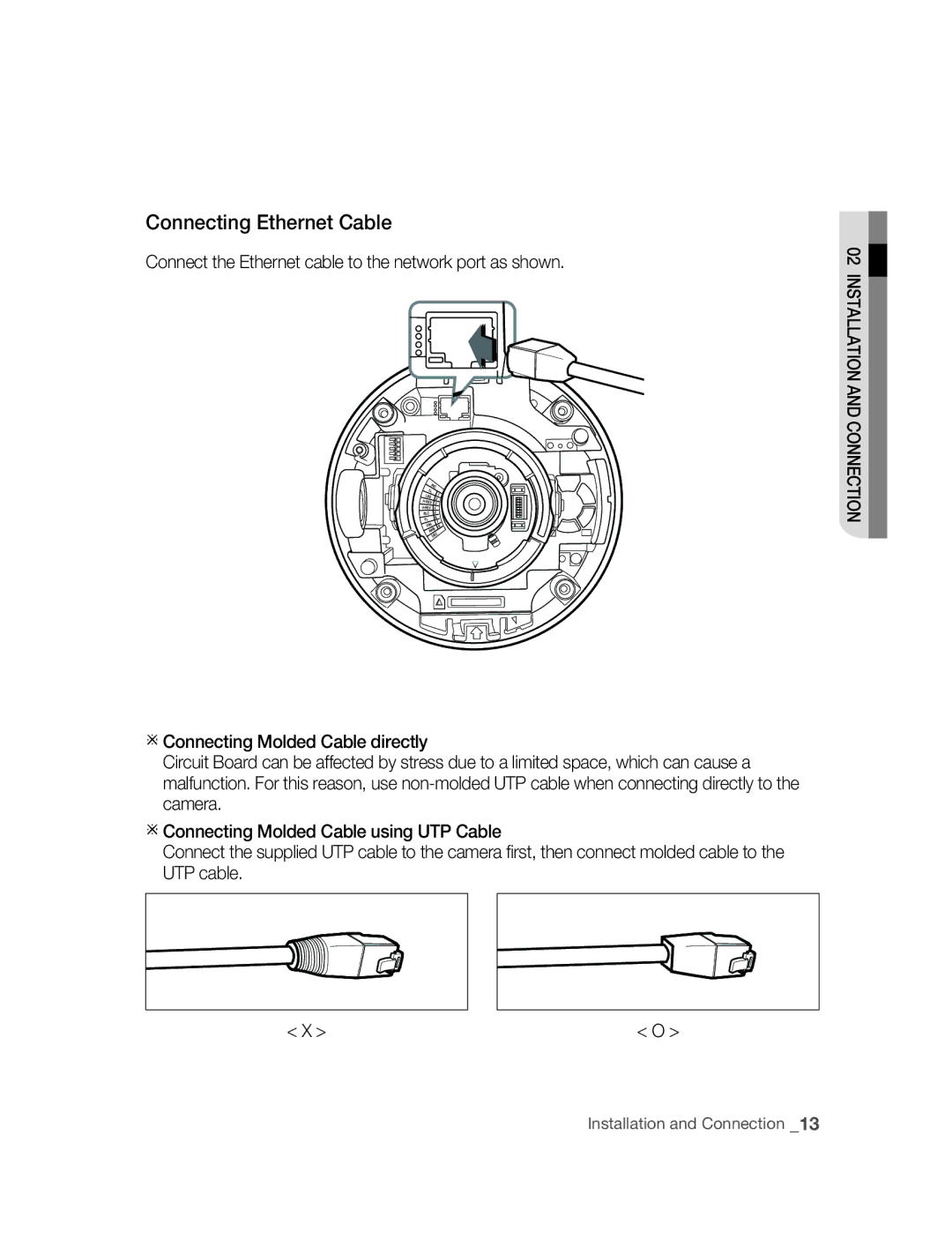 Samsung SNC-B5395P manual Connecting Ethernet Cable, Connect the Ethernet cable to the network port as shown 