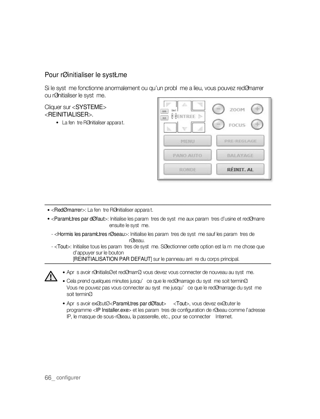 Samsung SNC-B5395P manual Pour réinitialiser le système, Reinitialiser 