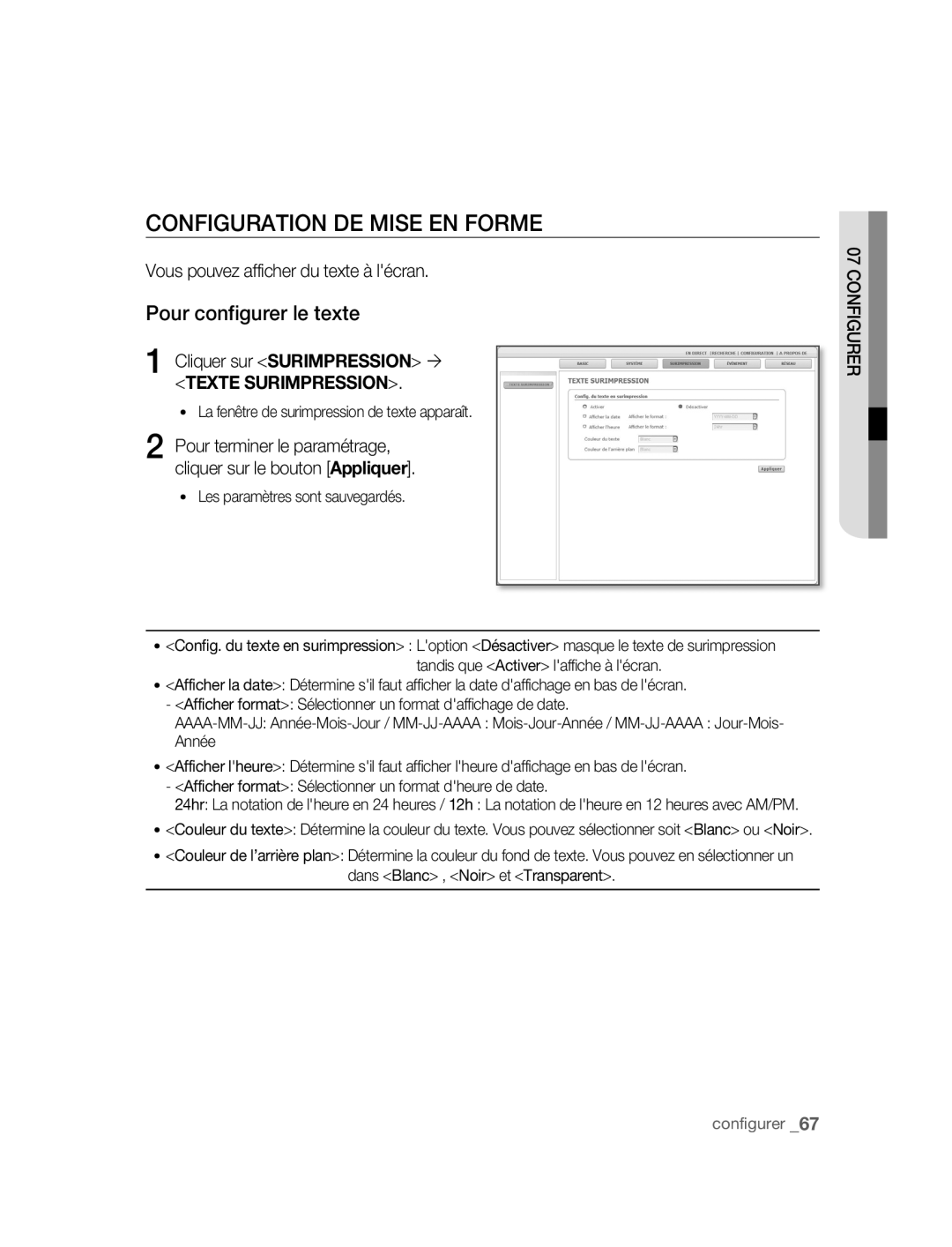 Samsung SNC-B5395P manual Configuration DE Mise EN Forme, Pour configurer le texte, Vous pouvez afficher du texte à lécran 