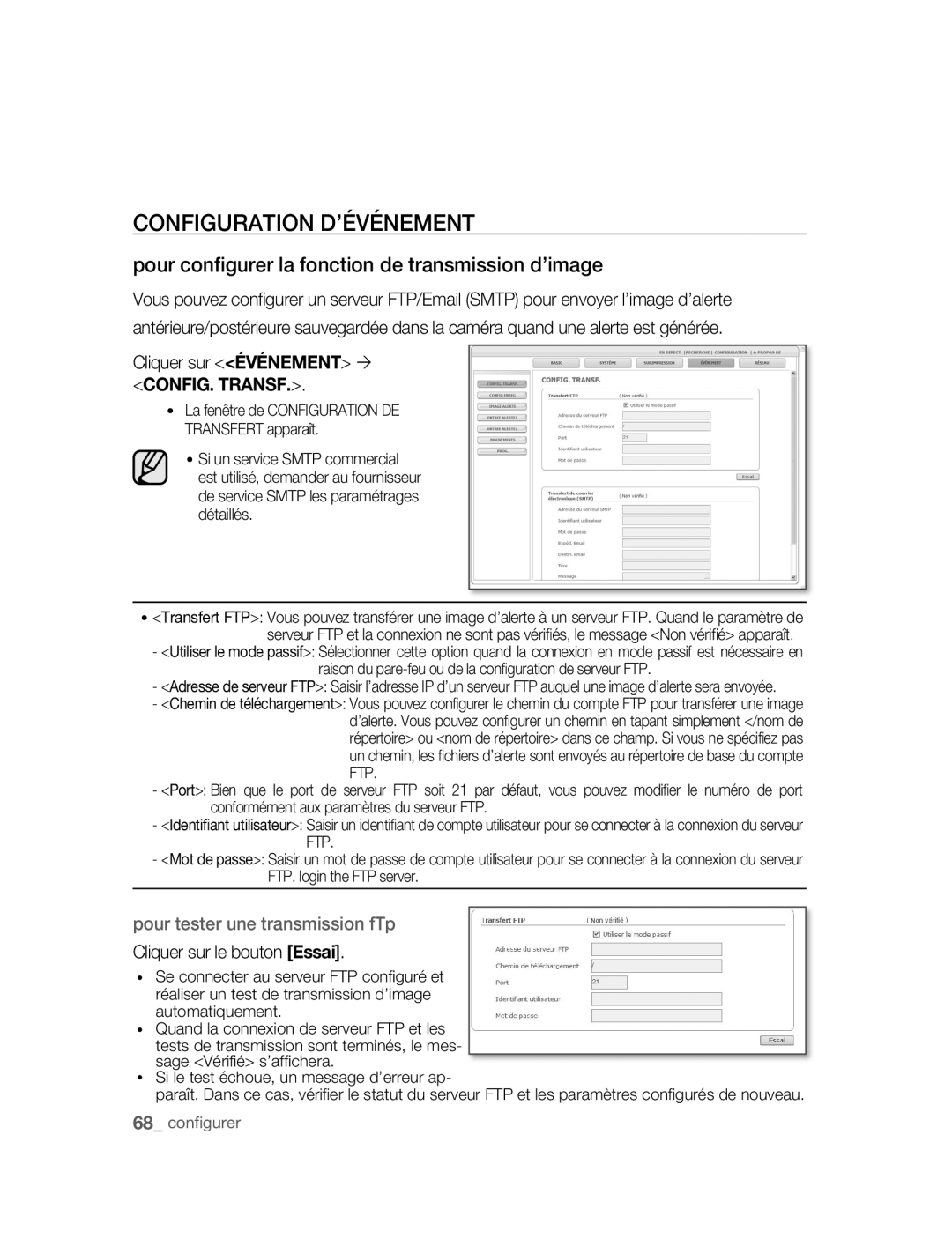 Samsung SNC-B5395P manual Configuration D’ÉVÉNEMENT, Pour conﬁgurer la fonction de transmission d’image 