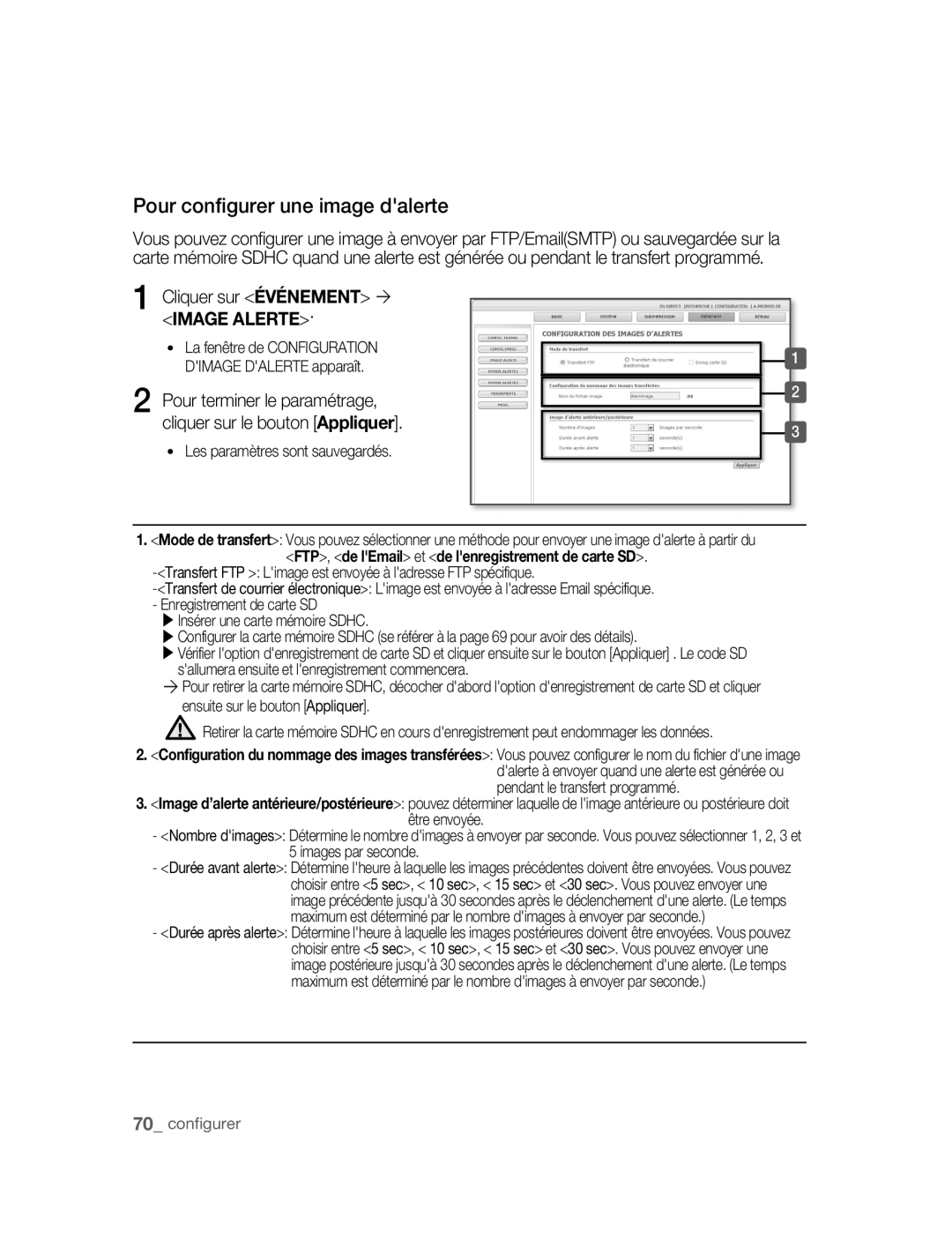 Samsung SNC-B5395P manual Pour configurer une image dalerte, Cliquer sur Événement ´ Image Alerte 