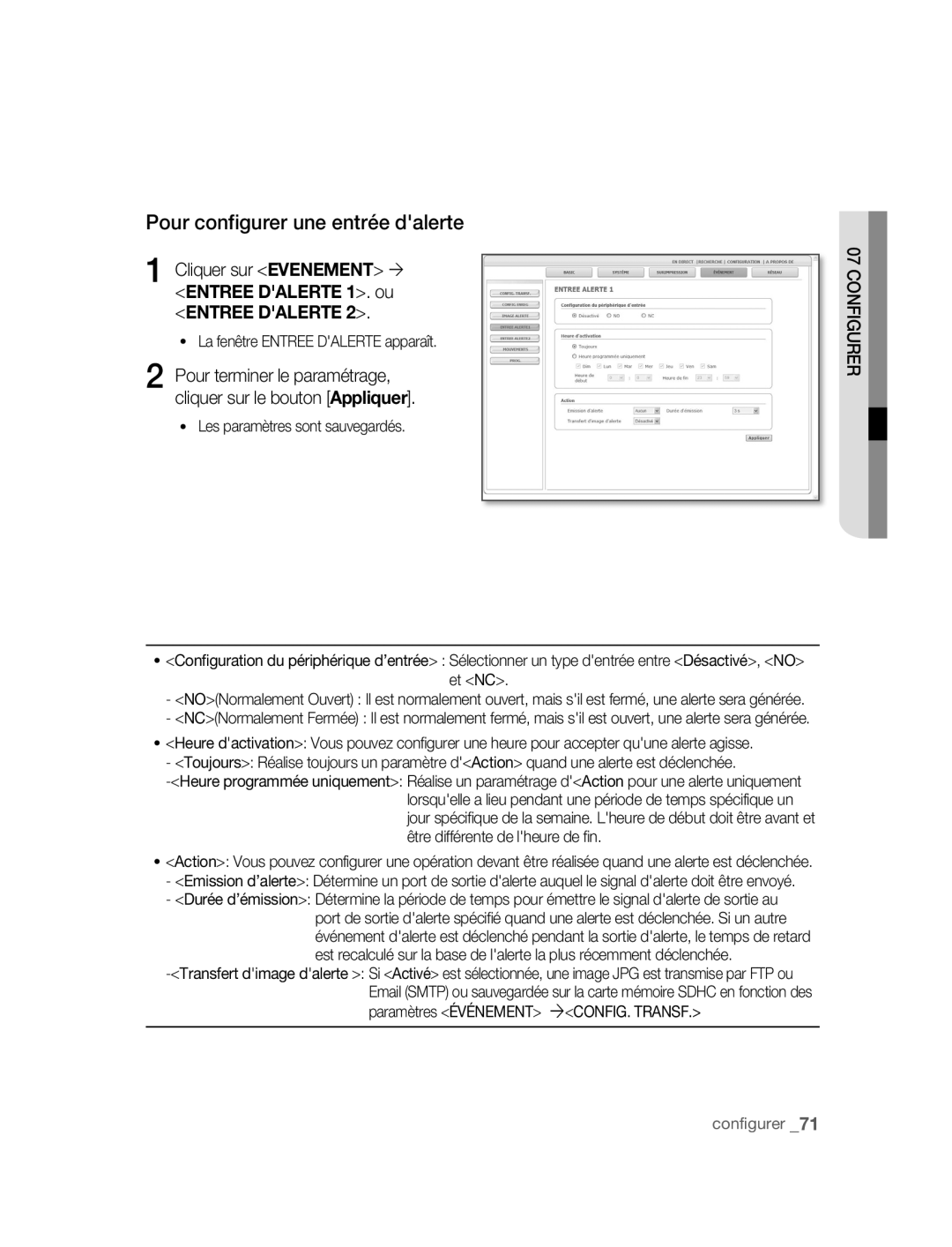 Samsung SNC-B5395P Pour configurer une entrée dalerte, Cliquer sur Evenement ´ Entree Dalerte 1. ou Entree Dalerte, Et NC 