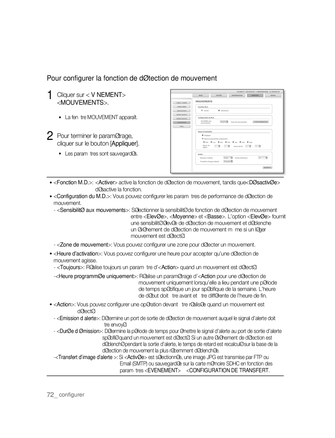 Samsung SNC-B5395P manual Pour configurer la fonction de détection de mouvement, Cliquer sur Événement ´ Mouvements 