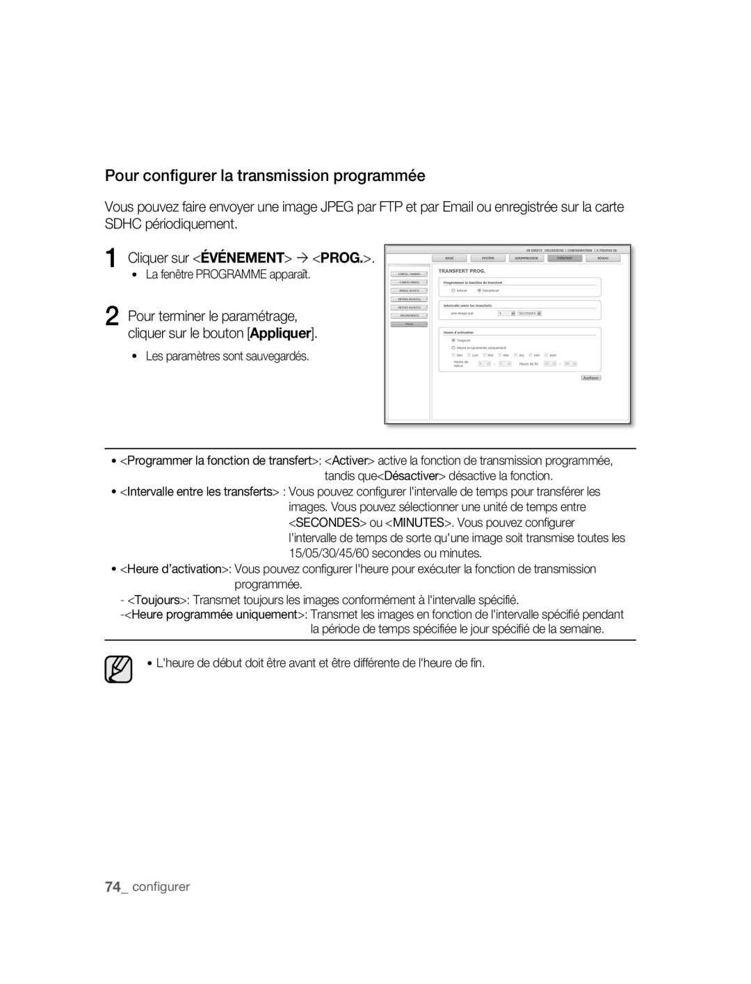 Samsung SNC-B5395P manual Pour configurer la transmission programmée 