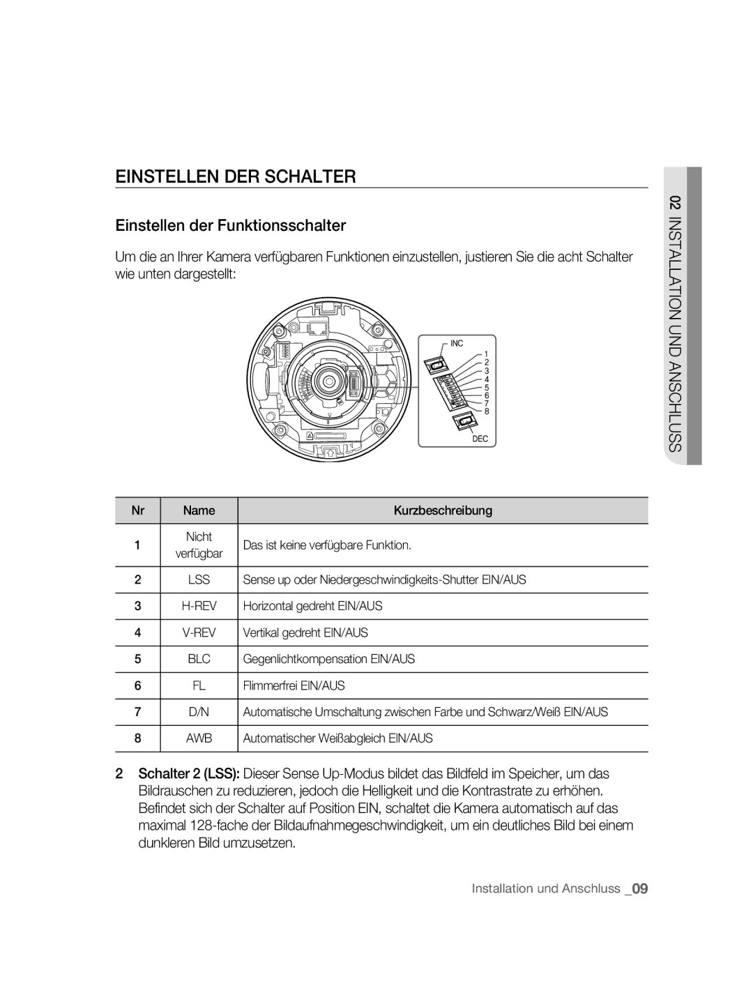 Samsung SNC-B5395P manual Einstellen DER Schalter, Einstellen der Funktionsschalter, Installation UND Anschluss 