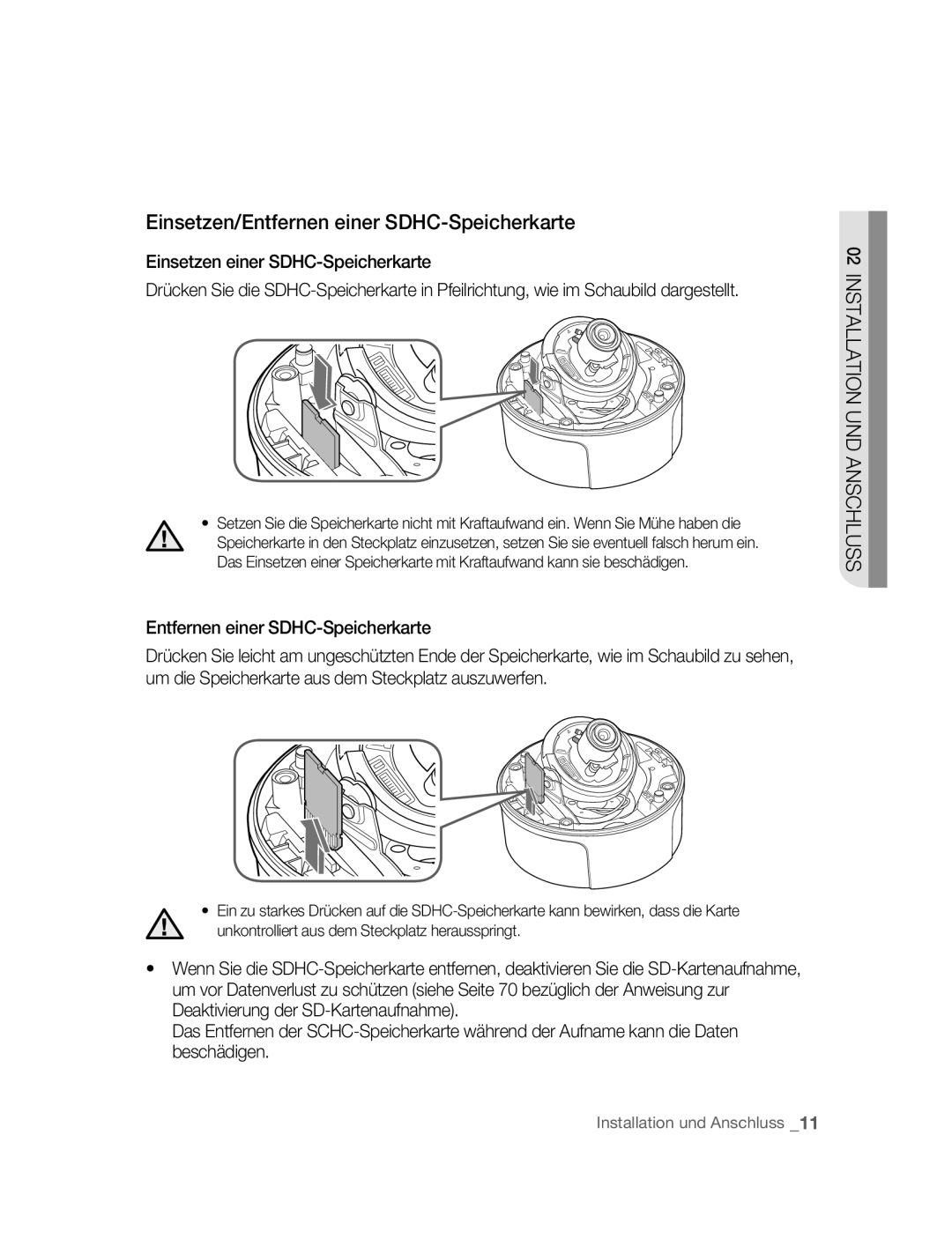 Samsung SNC-B5395P manual Einsetzen/Entfernen einer SDHC-Speicherkarte 