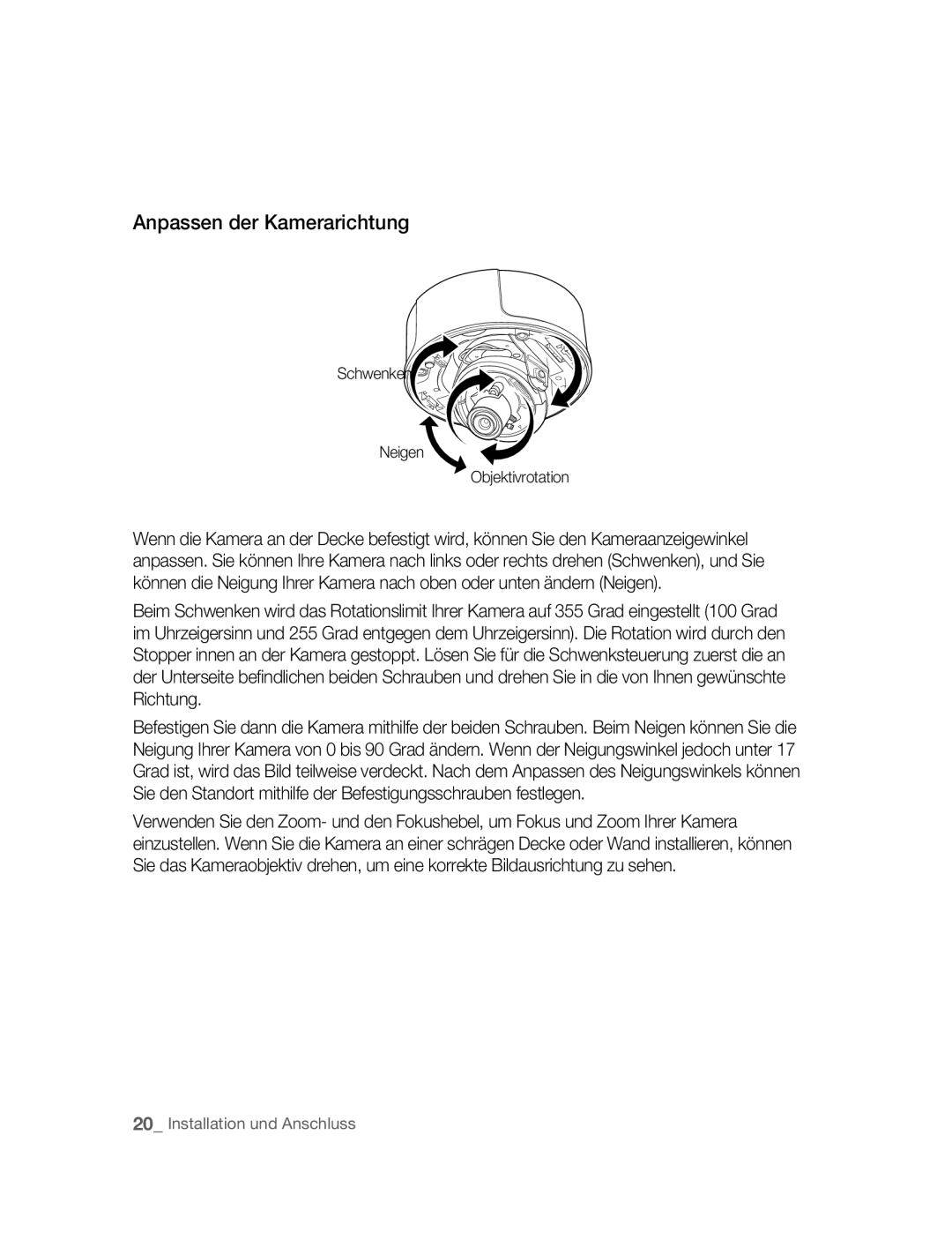 Samsung SNC-B5395P manual Anpassen der Kamerarichtung 