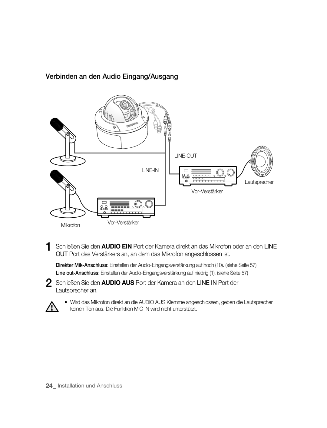 Samsung SNC-B5395P manual Verbinden an den Audio Eingang/Ausgang, Mikrofon Vor-Verstärker, Lautsprecher Vor-Verstärker 