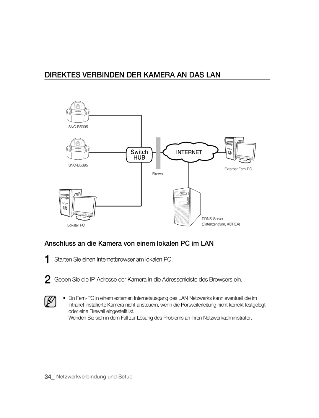 Samsung SNC-B5395P manual Direktes Verbinden DER Kamera AN DAS LAN, Anschluss an die Kamera von einem lokalen PC im LAN 