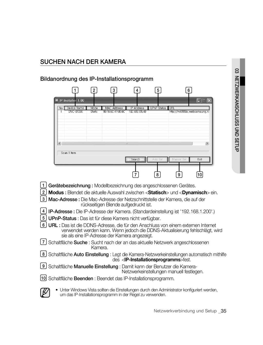 Samsung SNC-B5395P manual Suchen Nach DER Kamera, Bildanordnung des IP-Installationsprogramm 