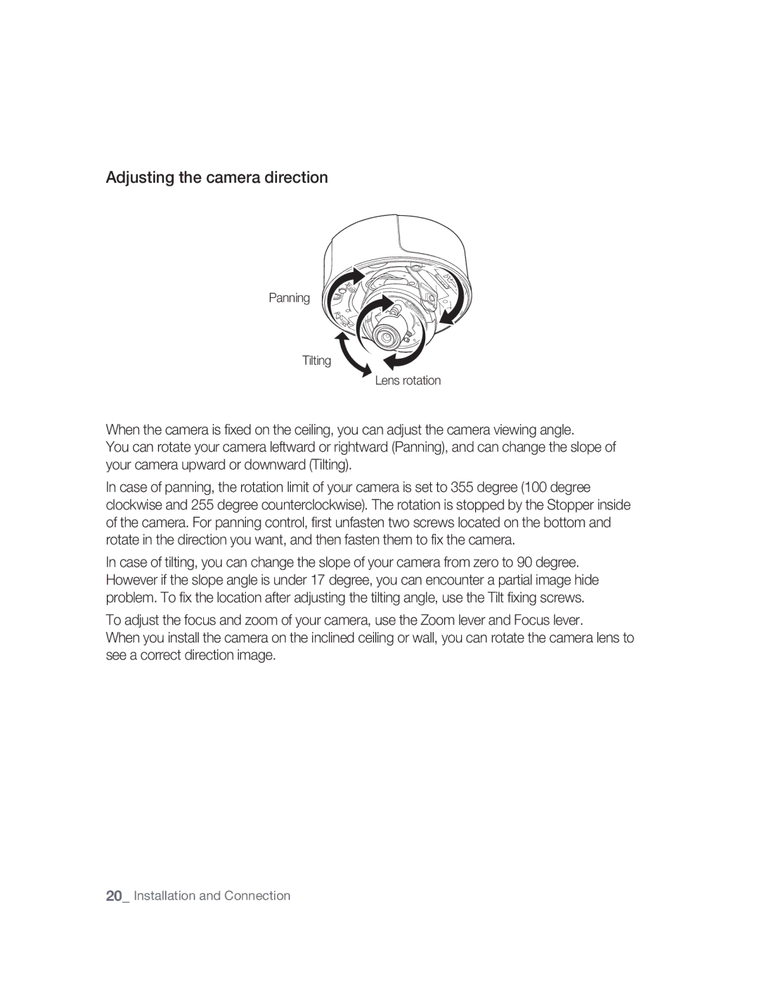 Samsung SNC-B5395P manual Adjusting the camera direction, Panning Tilting Lens rotation 