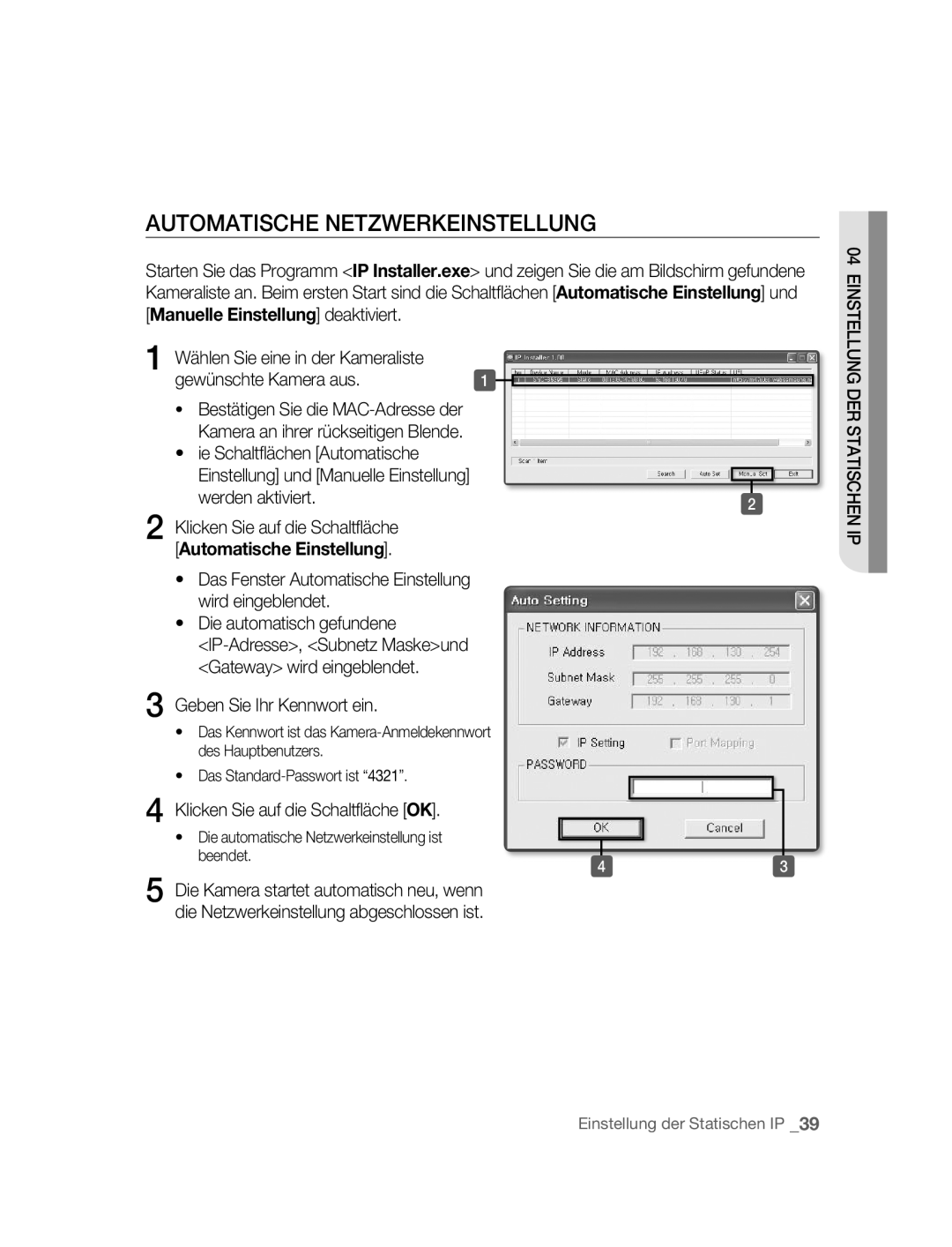 Samsung SNC-B5395P manual Automatische Netzwerkeinstellung, Das Fenster Automatische Einstellung wird eingeblendet 