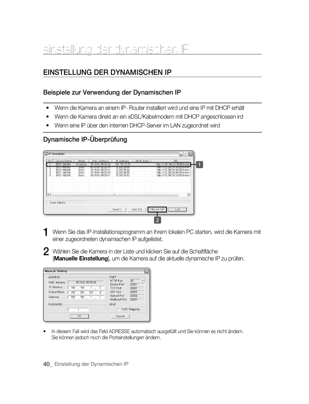 Samsung SNC-B5395P manual Einstellung der dynamischen IP, Einstellung DER Dynamischen IP, Dynamische IP-Überprüfung 