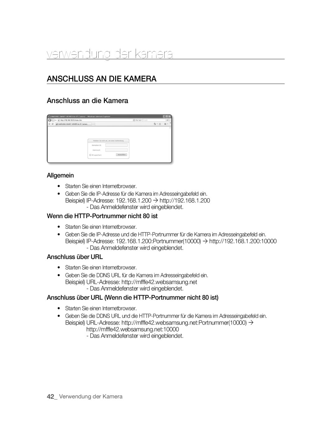 Samsung SNC-B5395P manual Verwendung der kamera, Anschluss AN DIE Kamera, Anschluss an die Kamera 