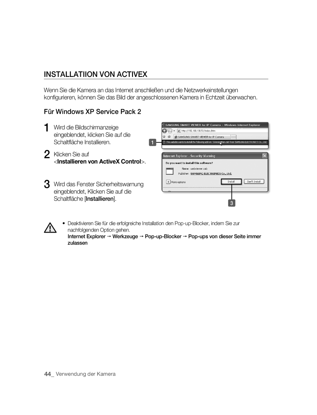 Samsung SNC-B5395P manual Installatiion VON Activex, Für Windows XP Service Pack 