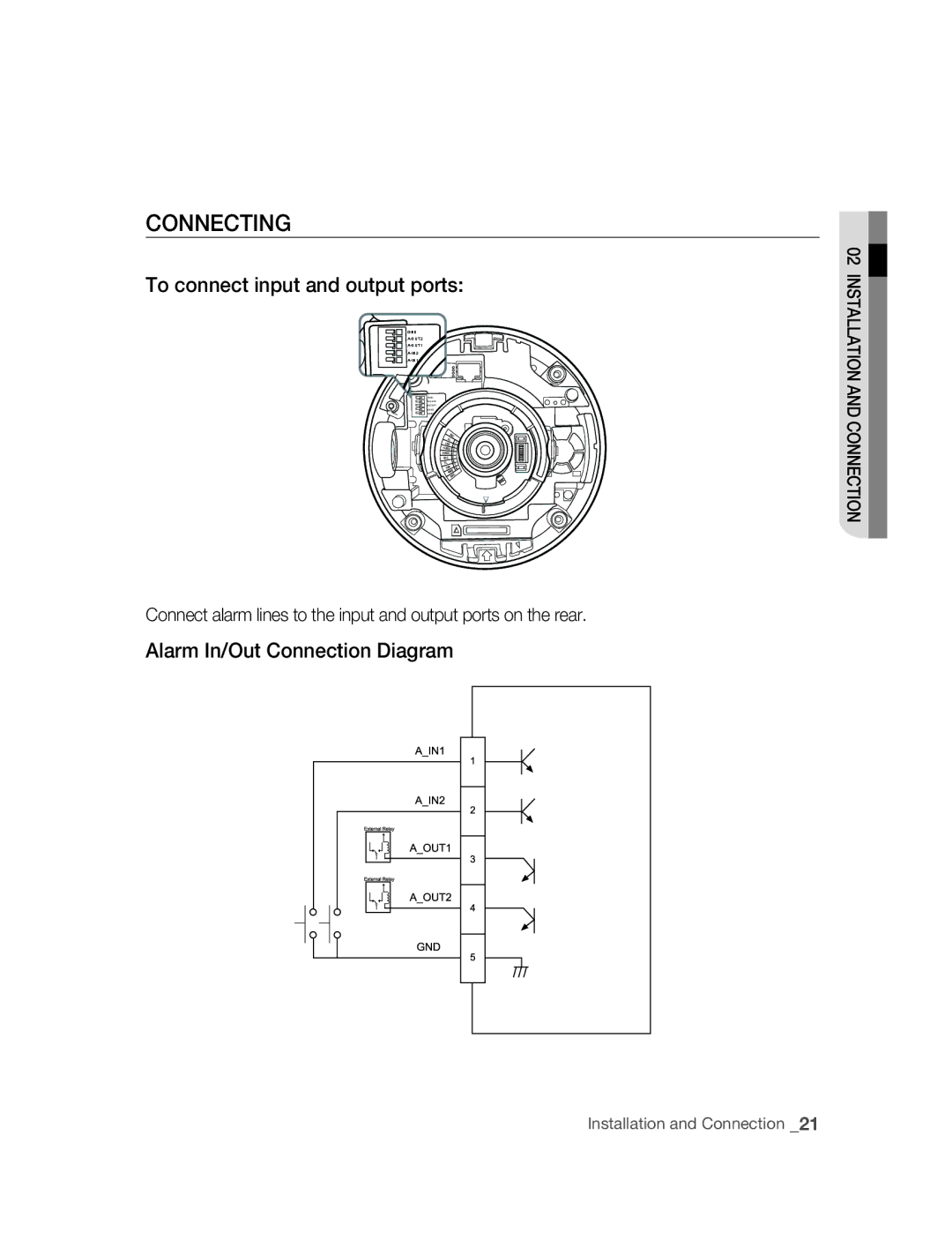 Samsung SNC-B5395P manual Connecting, To connect input and output ports, Alarm In/Out Connection Diagram 