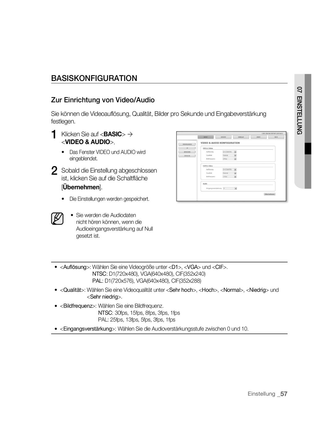 Samsung SNC-B5395P manual Basiskonfiguration, Zur Einrichtung von Video/Audio, Übernehmen 