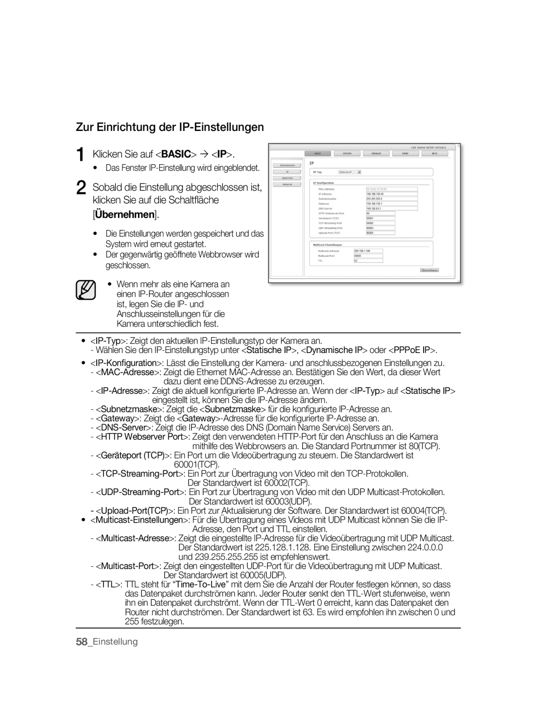 Samsung SNC-B5395P manual Zur Einrichtung der IP-Einstellungen, Klicken Sie auf Basic ´ IP 