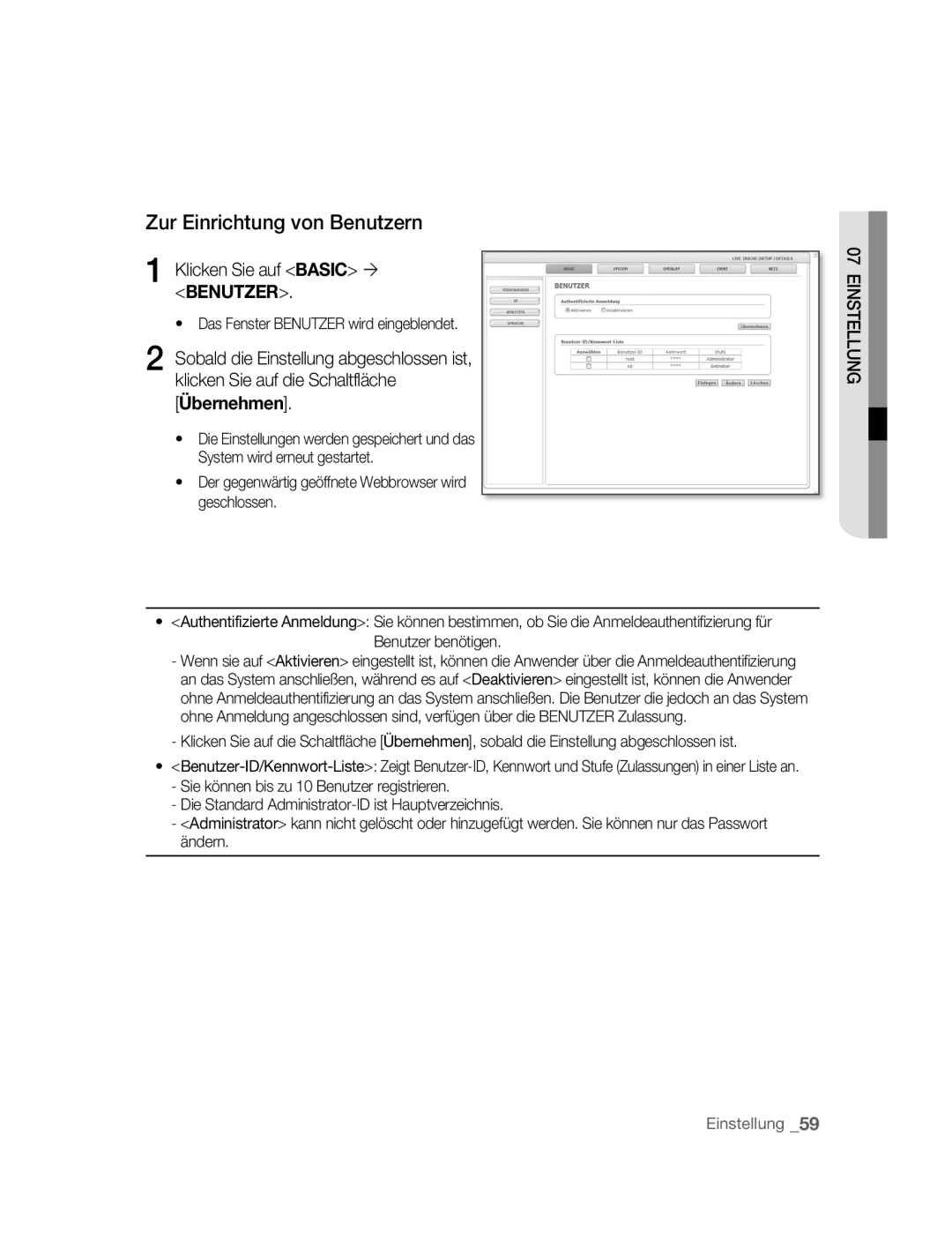 Samsung SNC-B5395P manual Zur Einrichtung von Benutzern, Klicken Sie auf Basic ´ Benutzer 